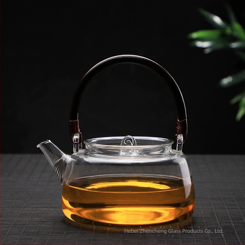 Ceainic cu mâner din răchită, din sticlă borosilicat rezistentă la temperaturi înalte, pentru infuzarea ceaiului, compatibil cu plita electrică ceramică, corp din sticlă îngroșată