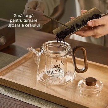 Ceainic cu mâner din lemn pentru ceai cu flori, din sticlă borosilikat rezistentă la temperaturi înalte, cu separator de infuzare