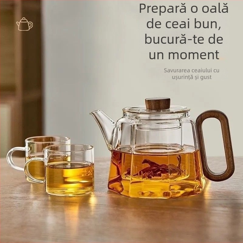 Ceainic cu mâner din lemn pentru ceai cu flori, din sticlă borosilikat rezistentă la temperaturi înalte, cu separator de infuzare