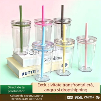 Cană transparentă cu pai și logo, recipient din plastic minimalist pentru cafea, ceai cu lapte și birou
