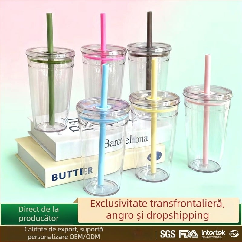 Cană transparentă cu pai și logo, recipient din plastic minimalist pentru cafea, ceai cu lapte și birou
