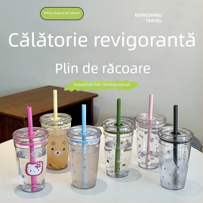 Cană transparentă cu pai și logo, recipient din plastic minimalist pentru cafea, ceai cu lapte și birou