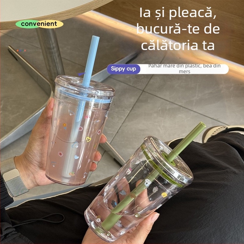 Cană transparentă cu pai și logo, recipient din plastic minimalist pentru cafea, ceai cu lapte și birou