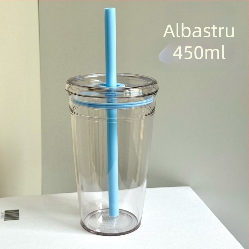Cană transparentă cu pai și logo, recipient din plastic minimalist pentru cafea, ceai cu lapte și birou