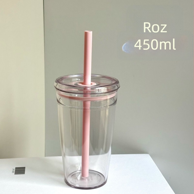 Cană transparentă cu pai și logo, recipient din plastic minimalist pentru cafea, ceai cu lapte și birou