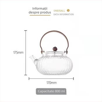 Ceainic din sticlă borosilicat rezistent la temperaturi înalte, cu filtru și mâner din lemn, pentru prepararea ceaiului acasă