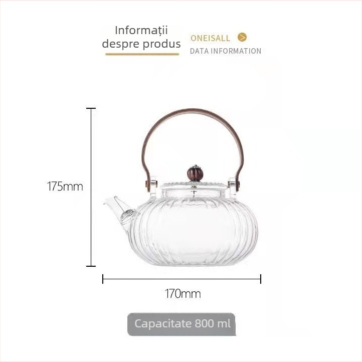 Ceainic din sticlă borosilicat rezistent la temperaturi înalte, cu filtru și mâner din lemn, pentru prepararea ceaiului acasă