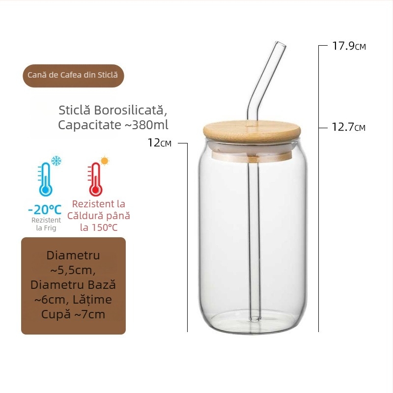 Pahar din sticlă borosilicat de înaltă rezistență, cu capac și pai, pentru ceai cu lapte, cafea și cola; rezistent la temperaturi, stil minimalist, formă cilindrică dreaptă; imprimare logo disponibil.