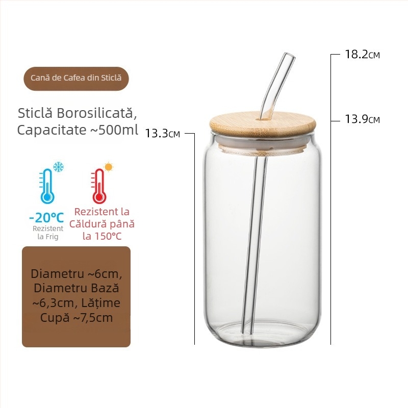 Pahar din sticlă borosilicat de înaltă rezistență, cu capac și pai, pentru ceai cu lapte, cafea și cola; rezistent la temperaturi, stil minimalist, formă cilindrică dreaptă; imprimare logo disponibil.