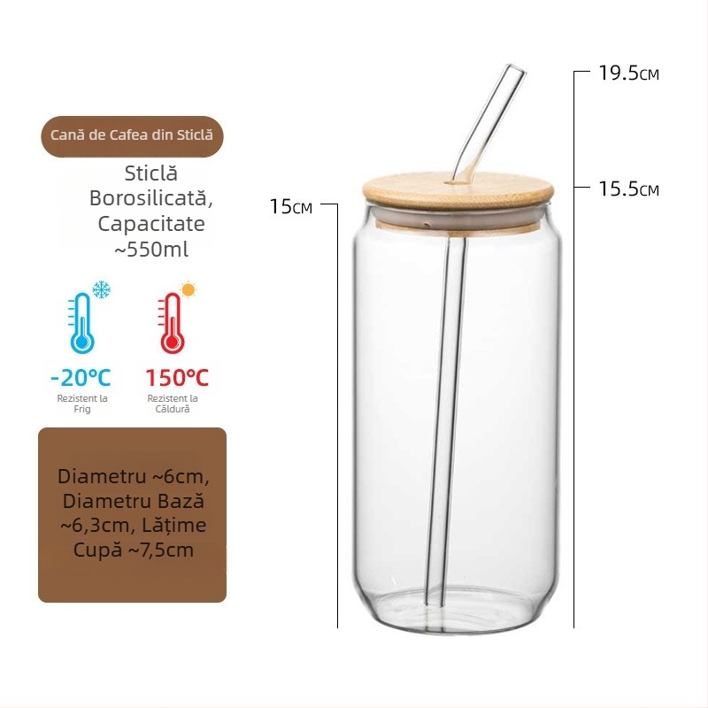 Pahar din sticlă borosilicat de înaltă rezistență, cu capac și pai, pentru ceai cu lapte, cafea și cola; rezistent la temperaturi, stil minimalist, formă cilindrică dreaptă; imprimare logo disponibil.