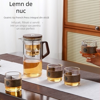 Ceainic cu ceașcă elegantă, filtru cu buton, corp din lemn de nuc și sticlă, separare ceai-apă