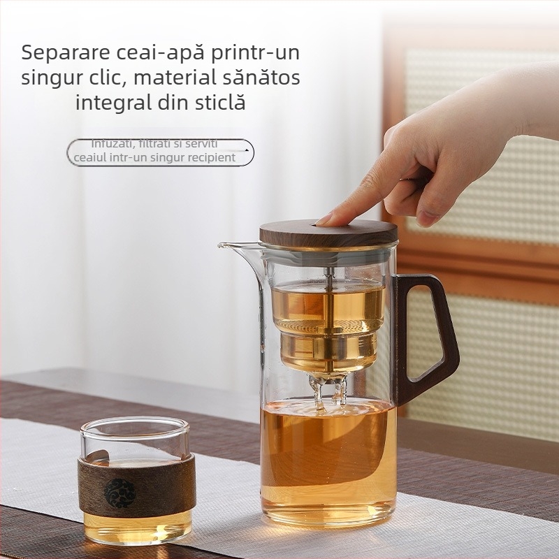 Ceainic cu ceașcă elegantă, filtru cu buton, corp din lemn de nuc și sticlă, separare ceai-apă