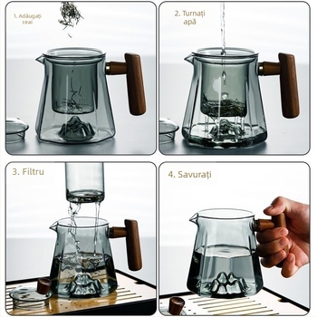 Ceainic din sticlă borosilicată, cu capac din lemn și strecurător de ceai, design cu peisaj montan, pentru încălzire pe plita ceramică electrică