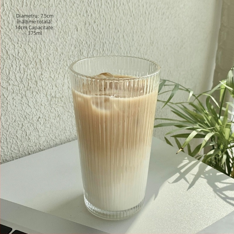 Pahar din sticlă cu capac și pai, în stil Ins, cu dungi verticale, pentru uz casnic, ceai, cafea și suc