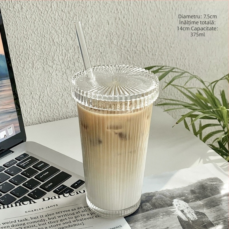 Pahar din sticlă cu capac și pai, în stil Ins, cu dungi verticale, pentru uz casnic, ceai, cafea și suc