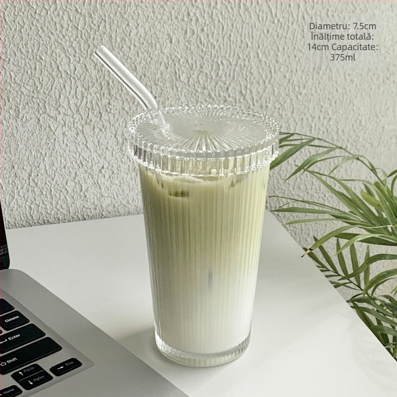Pahar din sticlă cu capac și pai, în stil Ins, cu dungi verticale, pentru uz casnic, ceai, cafea și suc