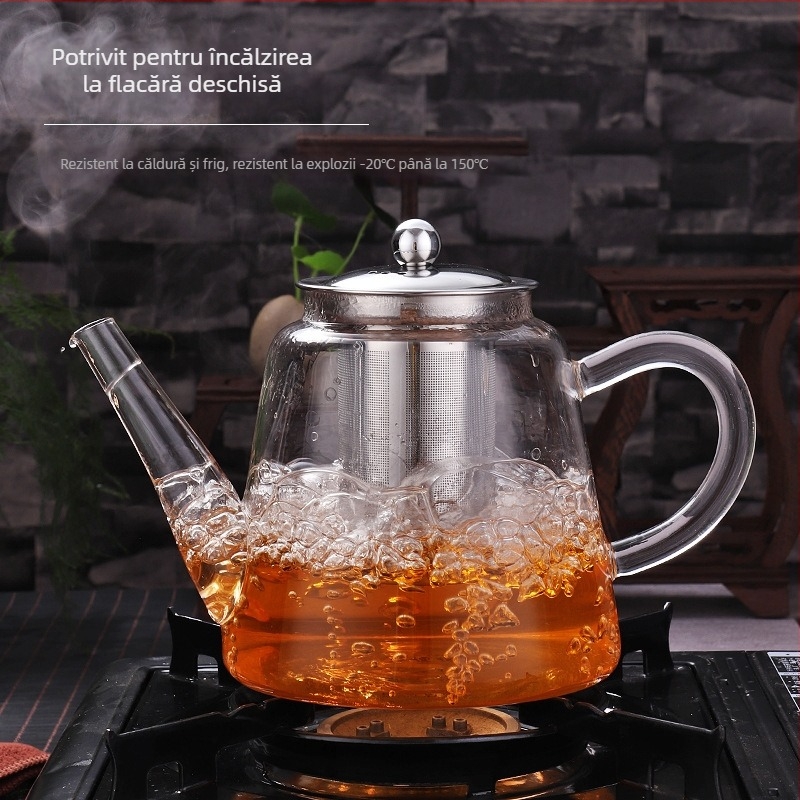 Ceainic din sticlă borosilikată rezistentă la temperatură, cu filtru din oțel inoxidabil pentru ceai de flori