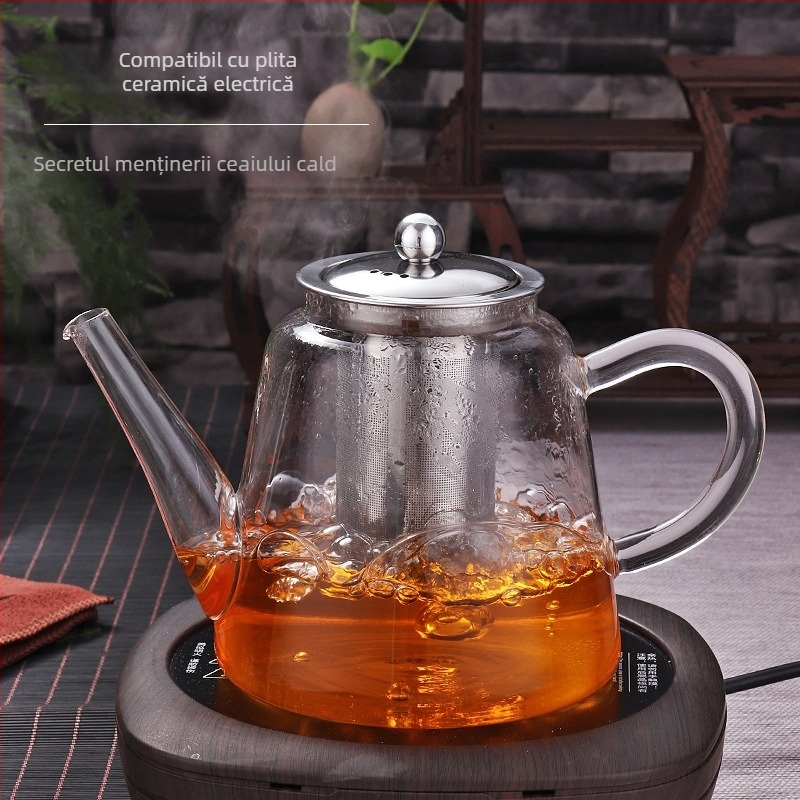 Ceainic din sticlă borosilikată rezistentă la temperatură, cu filtru din oțel inoxidabil pentru ceai de flori
