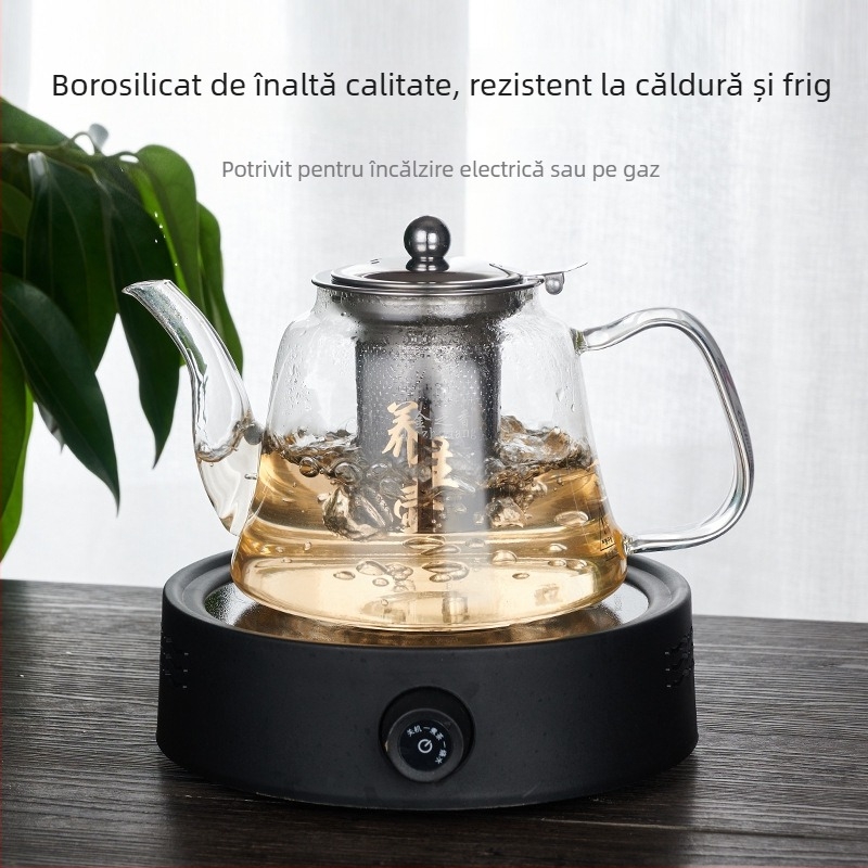 Ceainic din sticlă cu filtru din oțel inoxidabil, separare ceai-apă, plită electrică ceramică, capacitate mare, rezistent la temperaturi înalte