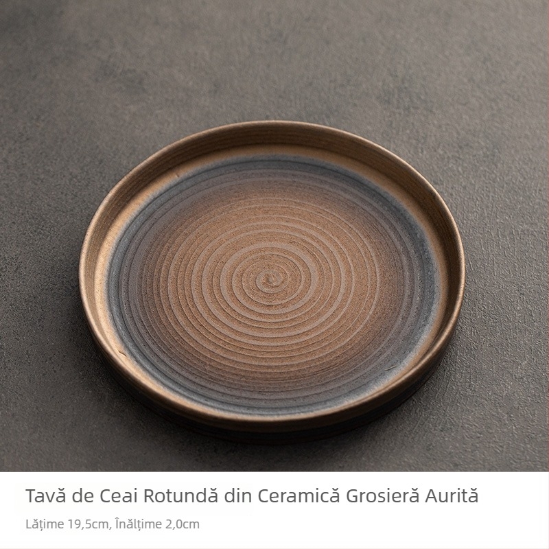 Tava dreptunghiulară de ceai din ceramică, glazură aur antic, lut rustic, suport pentru ceainic și suport pentru ceai, pentru uz casnic