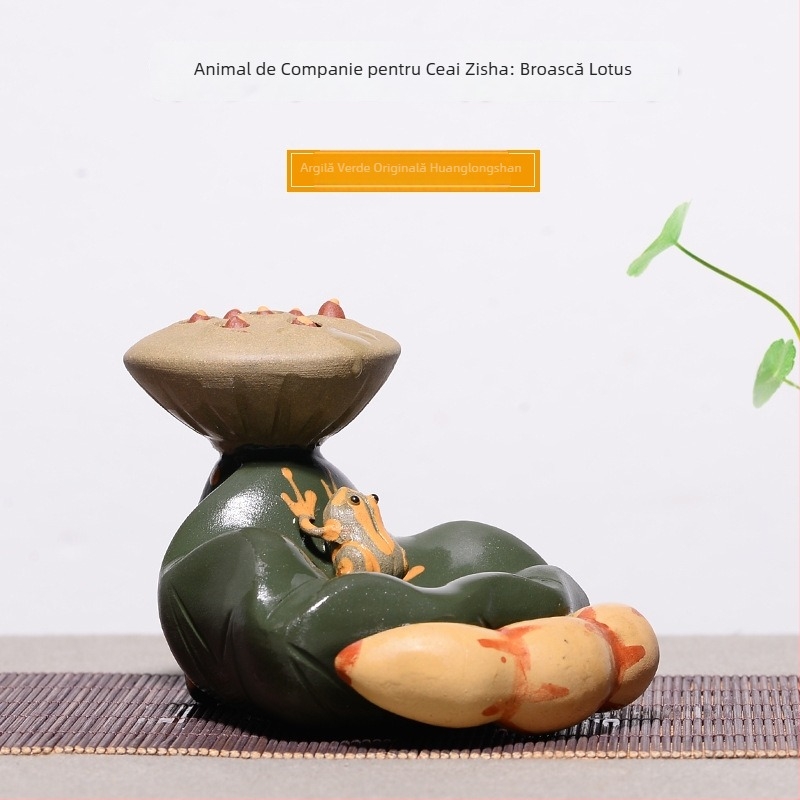 Figurină de ceai din lut Yixing mov — broscuţă pe frunza de lotus, capac cu sămânță de lotus, mică sculptură decorativă pentru ceainic