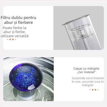 Ceainic din sticlă borosiliatată, rezistentă la temperaturi înalte, cu mâner, pentru uz casnic; permite prepararea ceaiului cu separare a apei; stil modern minimalist; lucrat manual