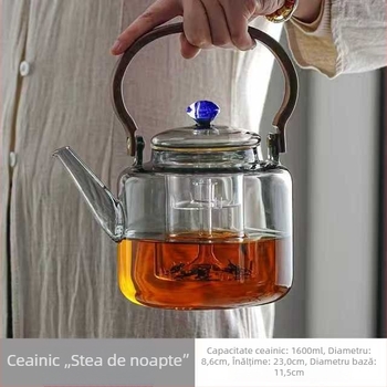 Ceainic din sticlă borosiliatată, rezistentă la temperaturi înalte, cu mâner, pentru uz casnic; permite prepararea ceaiului cu separare a apei; stil modern minimalist; lucrat manual