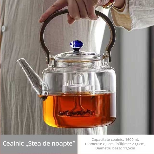 Ceainic din sticlă borosiliatată, rezistentă la temperaturi înalte, cu mâner, pentru uz casnic; permite prepararea ceaiului cu separare a apei; stil modern minimalist; lucrat manual