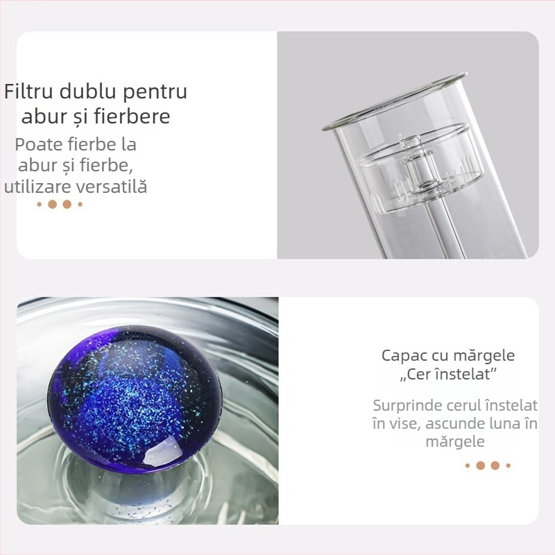 Ceainic din sticlă borosiliatată, rezistentă la temperaturi înalte, cu mâner, pentru uz casnic; permite prepararea ceaiului cu separare a apei; stil modern minimalist; lucrat manual