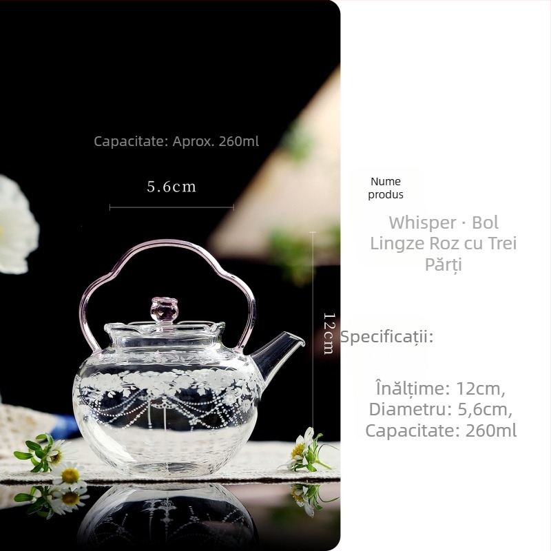 Ceainic din sticlă borosilicat rezistentă la căldură, cu mâner cu flori, pentru uz casnic, pentru fierberea apei și infuzarea ceaiului