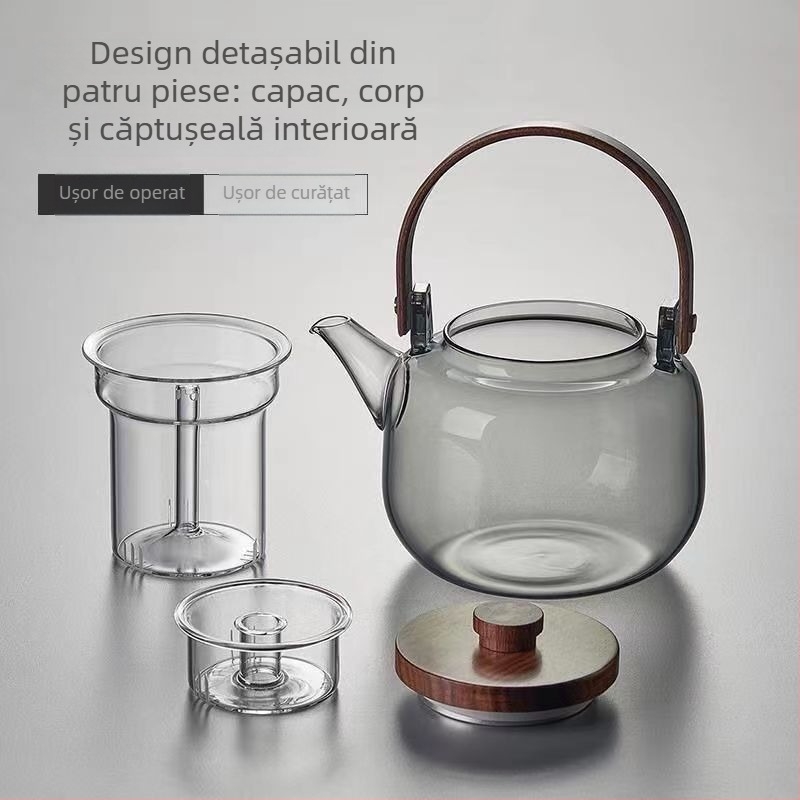Ceainic cu mâner și funcție integrată de aburire și infuzare, separator ceai-apă, set de ceai pentru birou și ospitalitate, sticlă borosilicat de înaltă rezistență