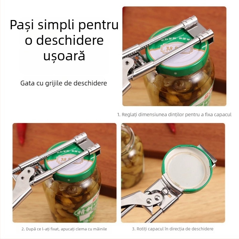 Deschizător pentru conserve și sticle din oțel inoxidabil, reglabil, multifuncțional, cu mâner antiderapant – ustensilă de bucătărie