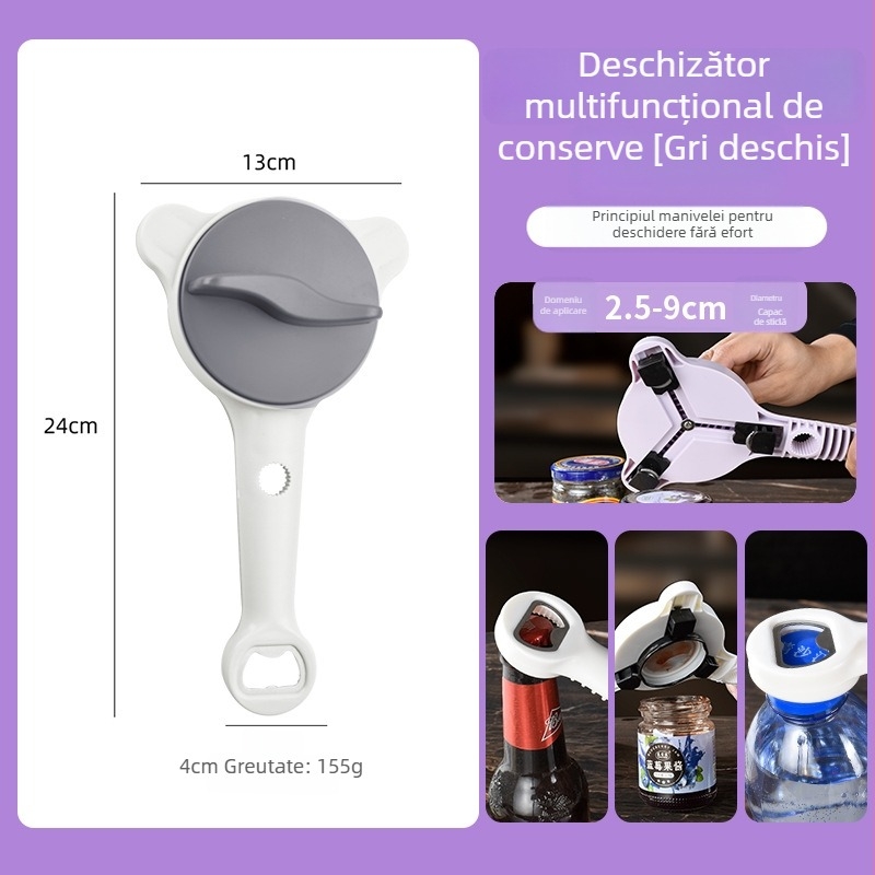 Deschizător multifuncțional, cu mâner antiderapant și mecanism rotativ, pentru sticle, capace și conserve