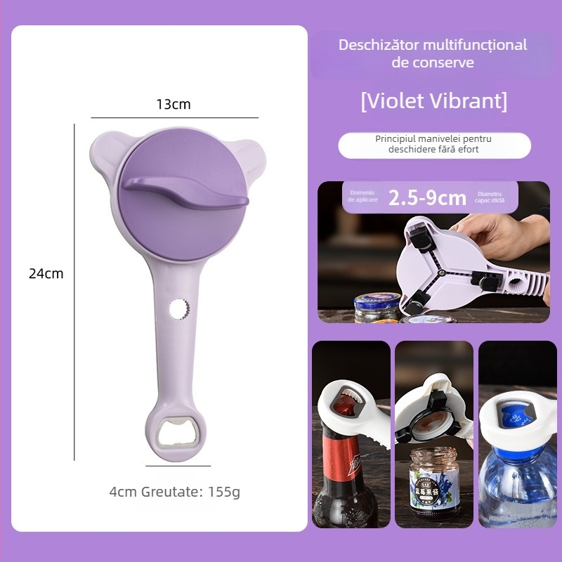 Deschizător multifuncțional, cu mâner antiderapant și mecanism rotativ, pentru sticle, capace și conserve