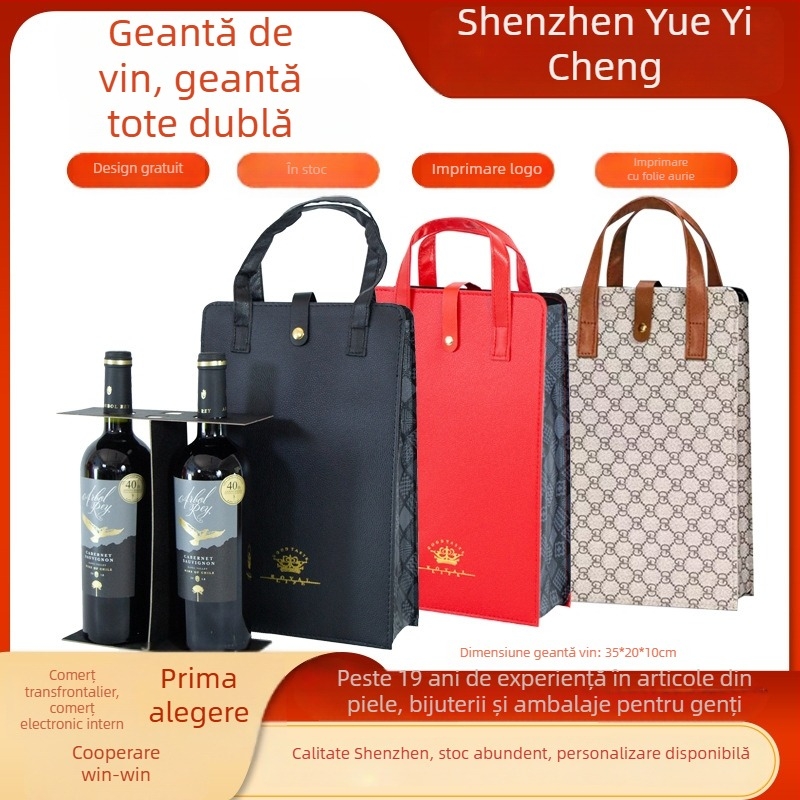 Geantă pentru vin, pachet cu două, cu mâner, design minimalist, carouri negru-roșii