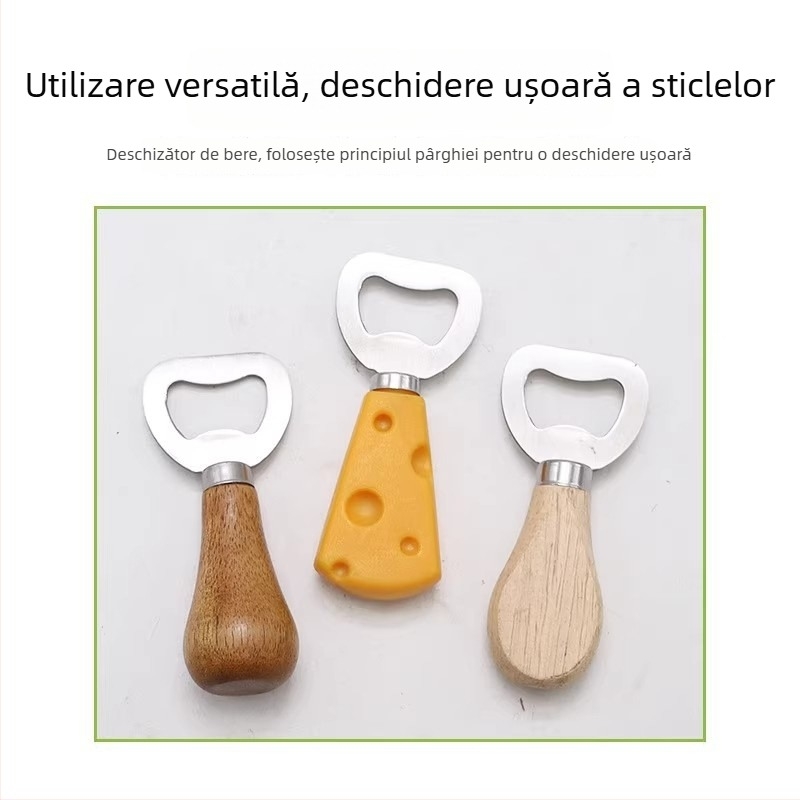 Deschizător de sticle creativ, cu mâner din lemn și oțel inoxidabil, design vertical pentru sticle de bere și vin