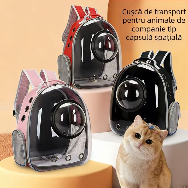 Geantă de transport transparentă pentru pisici, stil capsule spațial, respirabilă, ușoară, cu bretele duble pentru plimbări