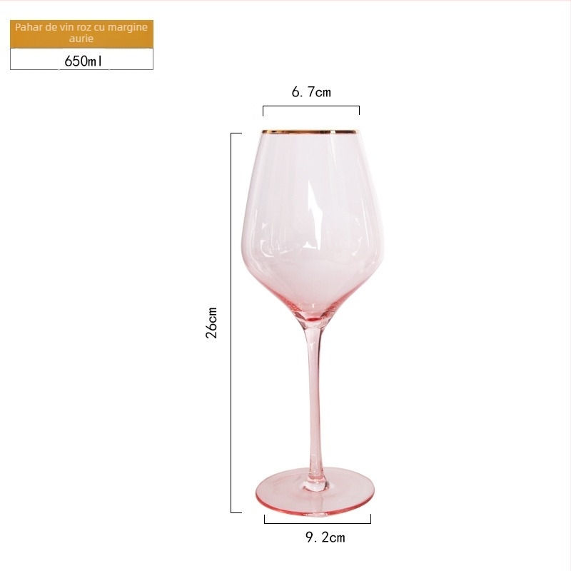 Pahar înalt pentru șampanie și vin roșu, turnat manual, margine roz-auriu, sticlă cristal, capacitate 401–500 ml