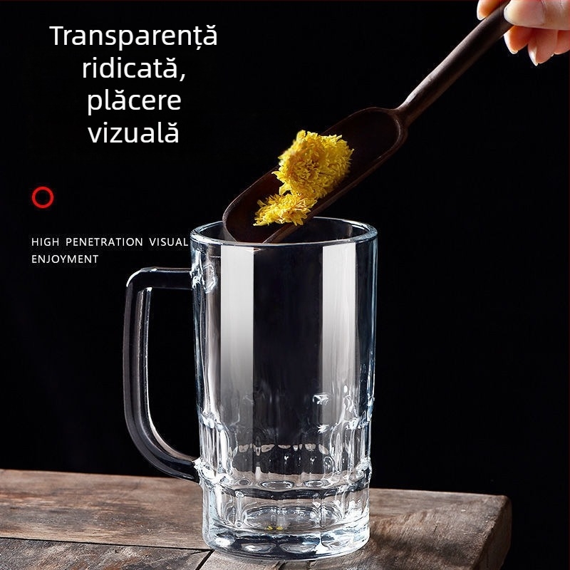 Pahar de bere din sticlă cu mâner, capacitate mare 901–1000 ml, design modern minimalist, culoare solidă