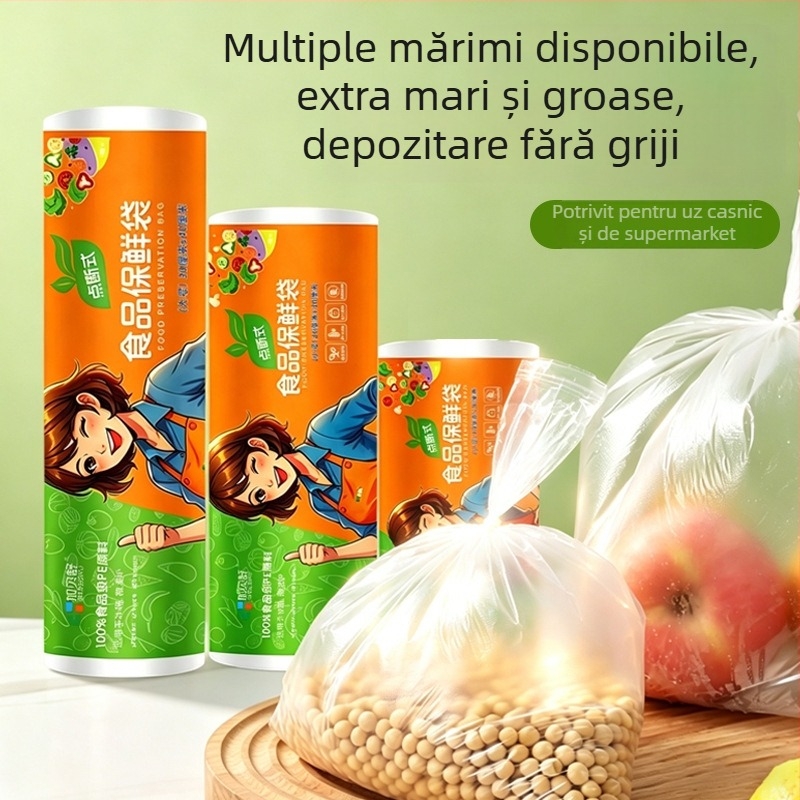 Pungi de depozitare alimentare din rolă continuă, PE alimentar gros, trei dimensiuni 20/25/30 cm, destinate supermarketurilor