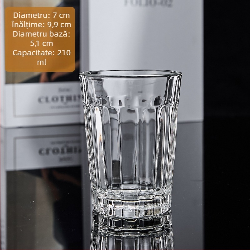 Pahar din sticlă rezistentă la căldură, stil european, cu dungi, 300–400 ml, pereți groși, fără mâner, pentru apă, ceai, suc sau bere