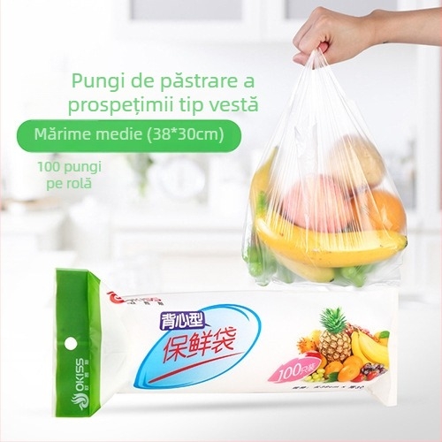 100 pung groase pentru păstrarea alimentelor, stil vestă, cu perforații pentru rupt, mari, pungi de unică folosință pentru alimente