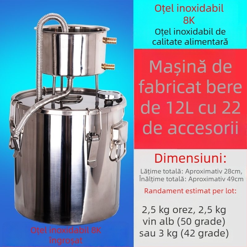 Echipament de fabricare a băuturilor acasă, distilator compact pentru hidrosol și băuturi spirtoase, din oțel inoxidabil.