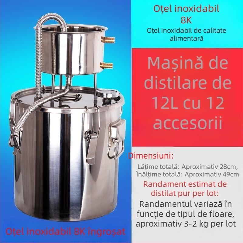 Echipament de fabricare a băuturilor acasă, distilator compact pentru hidrosol și băuturi spirtoase, din oțel inoxidabil.