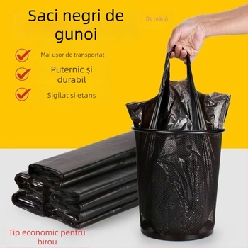 Saci de gunoi din plastic, negri, groși, cu mânere, în stil vestă, pentru uz casnic, în cămine și birouri