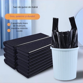 Saci de gunoi din plastic, negri, groși, cu mânere, în stil vestă, pentru uz casnic, în cămine și birouri
