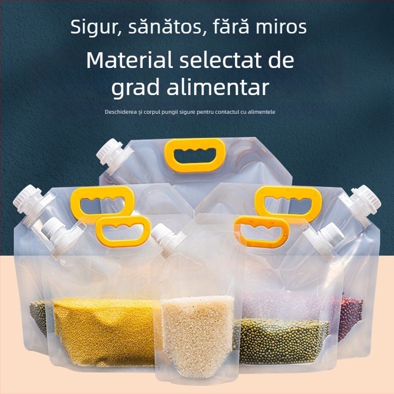 Sac transparent de depozitare a cerealelor, gros, cu bază auto-susținută și duză de turnare pentru orez