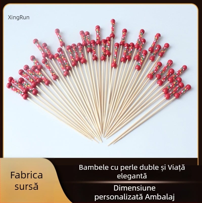 Bețișoare din bambus de unică folosință, cu mărgele roșii și galbene, duble, înfășurate în fir, pentru fructe și decorarea cocktailurilor