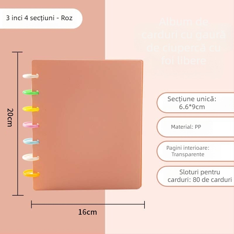 Binder de carduri cu nasture ciupercă, album cu foi detașabile, format 3 inch, patru compartimente, 20 pagini interioare pentru photocarduri și colecții idol