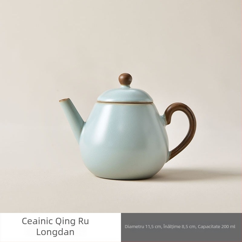 Ceainic Ruyao cu glazură albastru cer cu efect crackle, pentru ceremonia Gongfu a ceaiului, compatibil cu porțelan Ruyao
